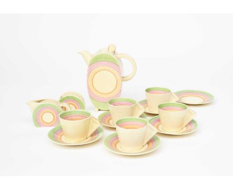 A Clarice Cliff Bon Jour coffee set, painted with green, pink and brown bands, comprising; coffee pot and cover, milk-jug and