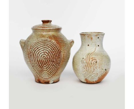 Richard Batterham (1936-2021)an early stoneware jar and cover, twin-lug handles, incised with circular maze design, covered i