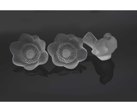 'Anemone Ouvert' two Lalique clear and frosted glass flowers originally designed by Rene Lalique, with black enamelled decora