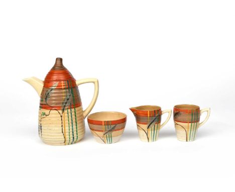 'Kelverne' a Clarice Cliff Bizarre Lynton part coffee set, comprising coffee pot and cover, milk-jug and sugar basin and one 