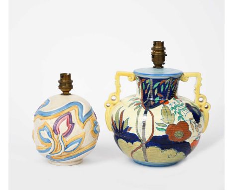 A Clarice Cliff lamp base, ovoid cast in low relief in stylised flowers, glazed in colours on a mushroom ground, and a Royal 