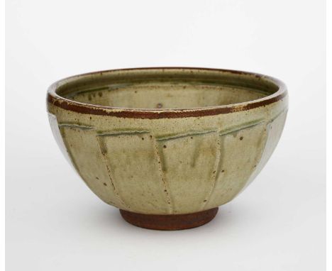 Richard Batterham (1936-2021)a large cut-sided stoneware bowl, covered in ash glaze,unsigned, painted cobalt blue number, 34c