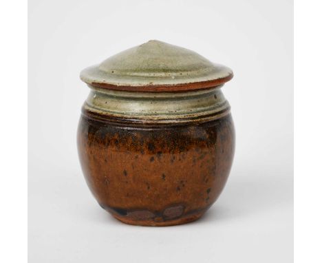 Richard Batterham (1936-2021)a stoneware little square jar and cover, with ash glaze to cover and shoulder, the body manganes