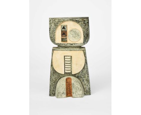 A Troika Pottery Double Base lamp base, modelled in low relief with geometric panels, glazed in shades of green, brown and cr