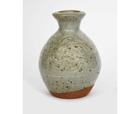 Atsuya Hamada (1932-1986)a Leach Pottery stoneware bottle, ovoid with cylindrical neck, glazed to the foot with speckled ash 