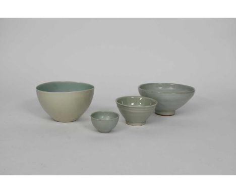 ‡ Gwyn Hanssen Piggott (1935-2013)a porcelain bowl, elliptical section, covered in a celadon glaze, a celadon bowl by Nigel W