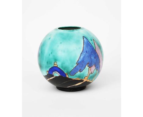 'Inspiration Caprice' a Clarice Cliff Bizarre Globe vase, shape no. 370, painted in shades of blue, purple, black and tan on 