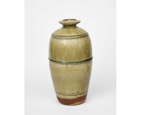 Richard Batterham (1936-2021)a stoneware bottle, with chatter and raised bands, covered to the foot with an ash glazeunsigned
