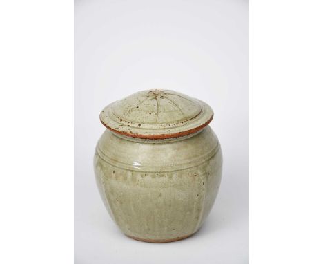 Richard Batterham (1936-2021)a beaten jar and cover, covered in a poplar ash glaze,unsigned, painted cobalt 622cm. high (2) P