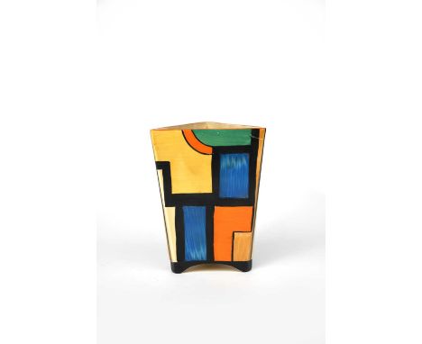 'Orange and Blue Squares' a Clarice Cliff Bizarre vase, shape no. 200, triangular tapering section, painted in colours, print