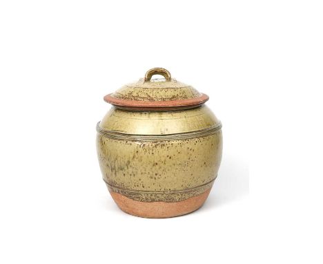 Richard Batterham (1936-2021)a large stoneware two-piece beer jar and cover, with incised bands, covered to the foot with an 