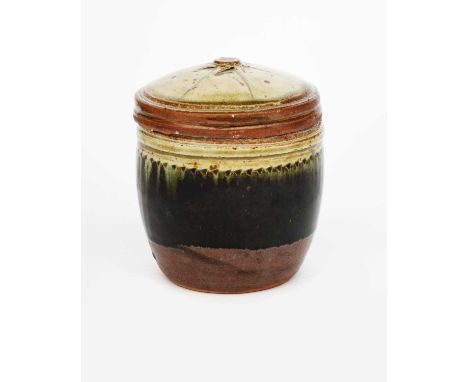 Richard Batterham (1936-2021)a stoneware caddy and cover with chatter band, the cover with radiating star motif,partially gla