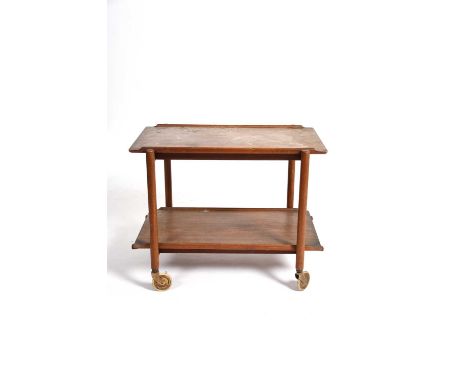 A teak serving trolley probably Ercol, rectangular section with two sliding shelves, on castors, unsigned, wear from use, 59c