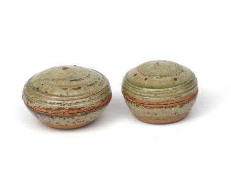 Richard Batterham (1936-2021)a stoneware box and cover, covered with an ash glaze, and another similarunsigned, paper exhibit