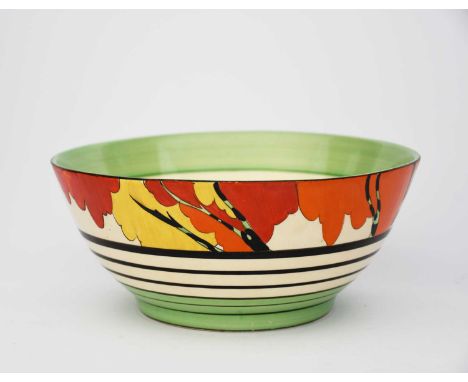 'Honolulu' a Clarice Cliff Bizarre bowl, painted in colours between black and green bands, a Clarice Cliff 'Broth' bowl and a