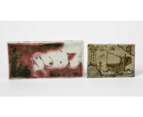 ‡ Eric James Mellor (1925-2014)Nudea stoneware tile with elm ash glazes, and a Leach Pottery stoneware tile by Trevor Corser,