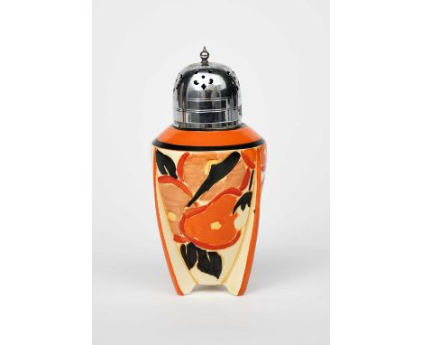 'Orange Chintz' a Clarice Cliff sugar sifter with electroplated cover, painted in colours, printed Newport Factory mark, 16cm