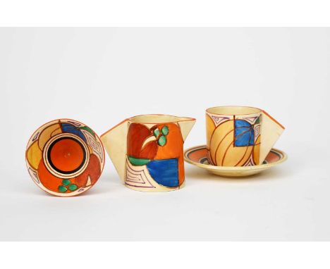'Melon' a Clarice Cliff Bizarre Conical milk-jug and sugar basin, painted in colours, and a Clarice Cliff 'Melon' Conical cof