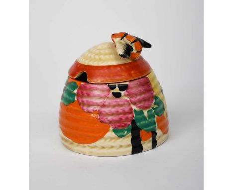 'Applique Palermo' a rare Clarice Cliff Applique Bizarre small Beehive preserve pot and cover, painted in colours, printed an