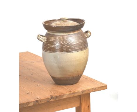 ‡ Reuben Batterham (born 1967)a large two piece salt-glaze stoneware beer jar and cover, with applied handles, the jar with b