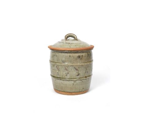 Richard Batterham (1936-2021)a stoneware beaten jar and cover, raised bands with simple chevron motif, ash glaze to the foot,