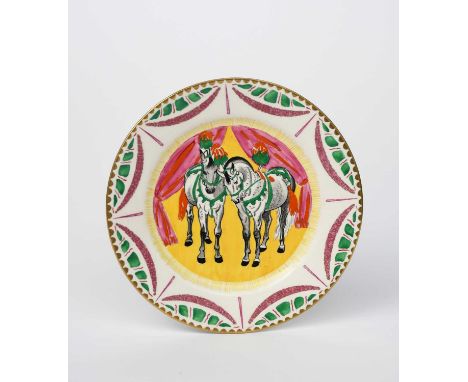 'Circus' a Clarice Cliff Bizarre side plate designed by Dame Laura Knight, printed and enamelled with two performing horses i