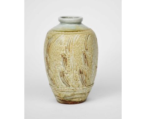 ‡ Mike Dodd (born 1943)a stoneware vase, with incised comb design, under thick broken slip peat clay glaze,impressed seal to 