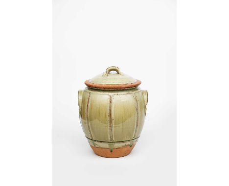 Richard Batterham (1936-2021)a stoneware beer jar and cover, twin-handled form with raised ribs, glazed to the foot in ash,un