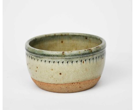 Richard Batterham (1936-2021)a large stoneware souffle dish with chatter band, covered in an ash glaze to the foot,unsigned, 