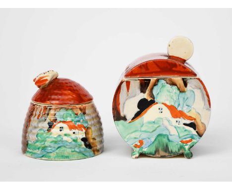'Forest Glen' a Clarice Cliff small Beehive Preserve pot and cover, painted in colours, and a Clarice Cliff 'Forest Glen' Bon