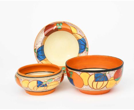 'Melon' a Clarice Cliff Fantasque Bizarre bowl, painted in colours, another bowl and a Breakfast bowl in the same pattern,  p