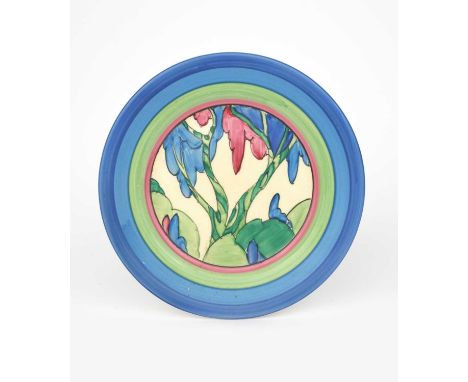 'Rudyard' a Clarice Cliff Fantasque Bizarre side plate, painted in colours inside pink, green and blue bands, printed factory