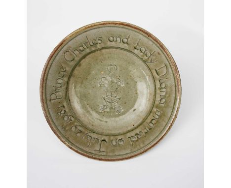 Richard Batterham (1936-2021)Prince Charles & Lady Diana Spencer, 1981, a stoneware charger, with lettering carved by Dinah B