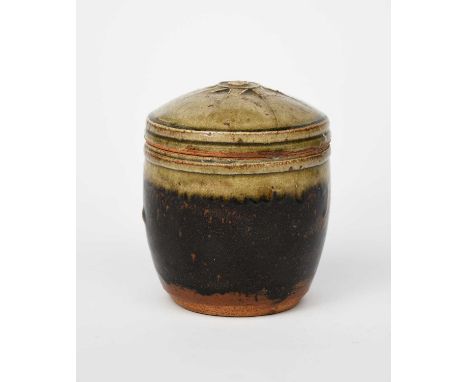Richard Batterham (1936-2021)a stoneware caddy and cover, the cover and shoulder glazed in ash over dark iron,unsigned,15.5cm