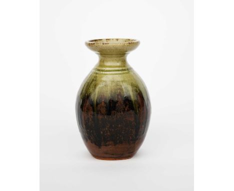 Richard Batterham (1936-2021)a stoneware flower bottle, ash glaze to neck and shoulder over black iron,unsigned, remains of p