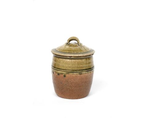 Richard Batterham (1936-2021)a salt-glaze stoneware jar and cover, the cover with loop handle, cover and shoulder with river 
