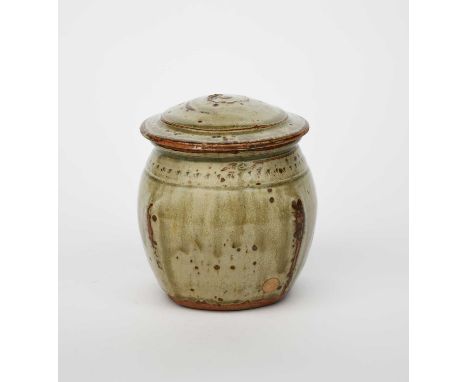 Richard Batterham (1936-2021) a stoneware beaten jar and cover, with chatter band to shoulder, covered with an ash glaze,unsi