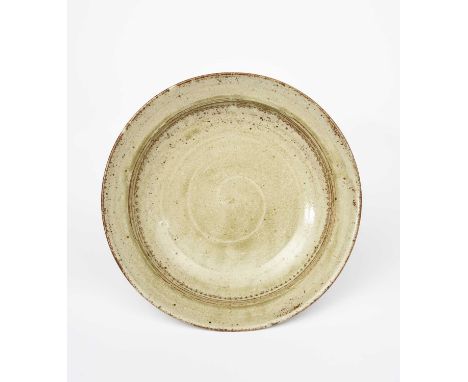 Richard Batterham (1936-2021)a large stoneware supper dish, with chatter band, covered in an ash glaze,unsigned, cobalt 3 to 