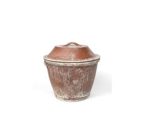 A large Sussex stoneware pot and cover, flaring conical form the cover with loop handle, used by Richard Batterham to dip pot