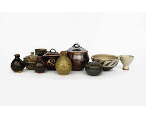 Dinah Batterham (1930-2007)a stoneware pot and cover dated 1952, ovoid, resist decorated in tenmoku, a small Leach Pottery vi