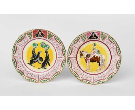 'Circus' a Clarice Cliff Bizarre entree plate designed by Dame Laura Knight, printed and enamelled with an acrobat resting si