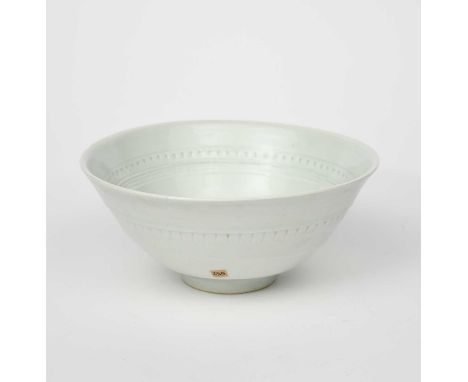 Richard Batterham (1936-2021)a large porcelain bowl with chattering band, covered in a pale oak ash glaze,unsigned, paper exh