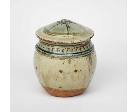 Richard Batterham (1936-2021)a stoneware jar and cover, with chatter band to shoulder, covered with ash glaze,unsigned, paint