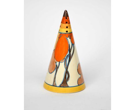 'Autumn' a Clarice Cliff Fantasque Bizarre Conical sugar sifter, painted in shades of yellow, orange and brown, printed facto