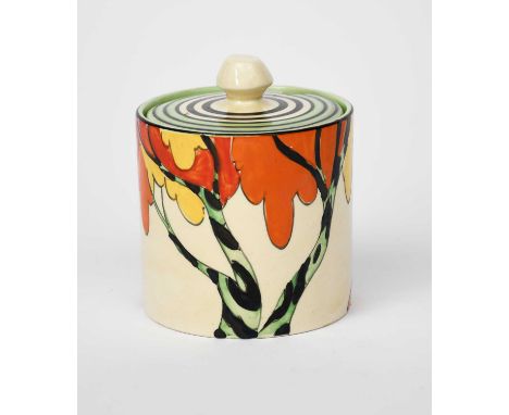 'Honolulu' a Clarice Cliff Bizarre Cylindrical preserve pot and cover, shape no.3, painted in colours printed factory marks, 