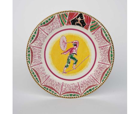 'Circus' a Clarice Cliff Bizarre dinner plate designed by Dame Laura Knight, printed and enamelled with an acrobat walking th