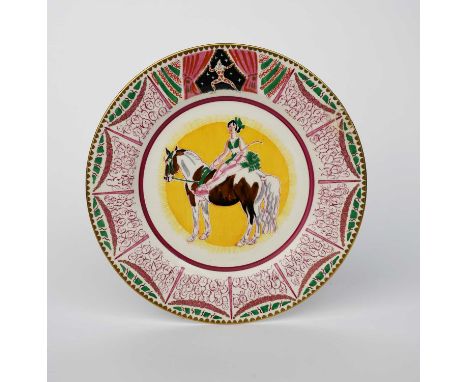 'Circus' a Clarice Cliff Bizarre dinner plate designed by Dame Laura Knight, printed and enamelled with an acrobat resting si