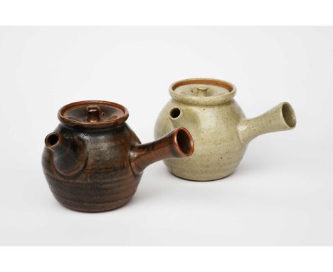 Atsuya Hamada (1932-1986)a stoneware teapot and cover, ovoid with side handle, covered in a streaked tenmoku glaze and anothe