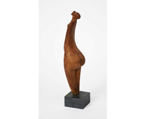 ‡ Peter Hayes (born 1946)Standing figure,canal clay with rust-red glaze, on slate baseunsigned34.5cm. high  