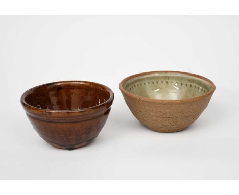 Richard Batterham (1936-2021)a small pudding basin, covered in a manganese glaze, and a stoneware bowl with chatter bandunsig
